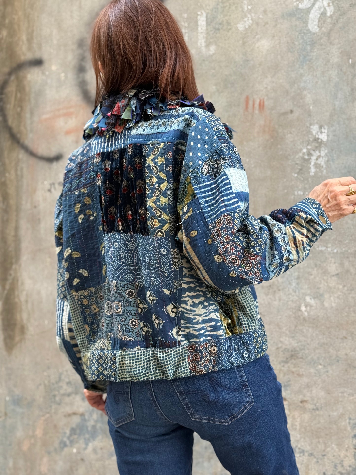 Handcrafted Ajrakh Patchwork Bomber Jacket  Luxe Art Wear Design