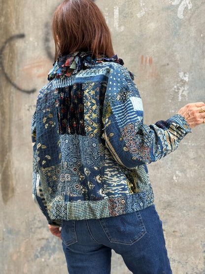 Handcrafted Ajrakh Patchwork Bomber Jacket  Luxe Art Wear Design