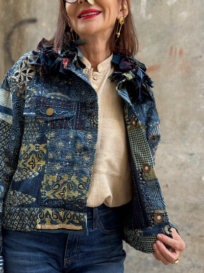 Handcrafted Ajrakh Patchwork Bomber Jacket  Luxe Art Wear Design