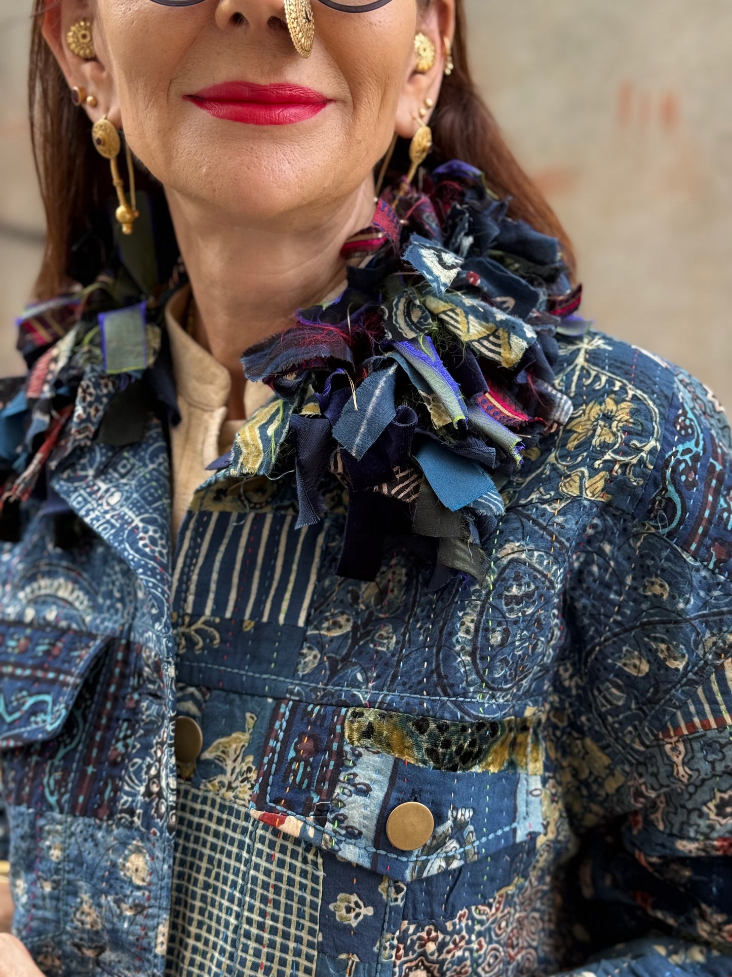 Handcrafted Ajrakh Patchwork Bomber Jacket  Luxe Art Wear Design