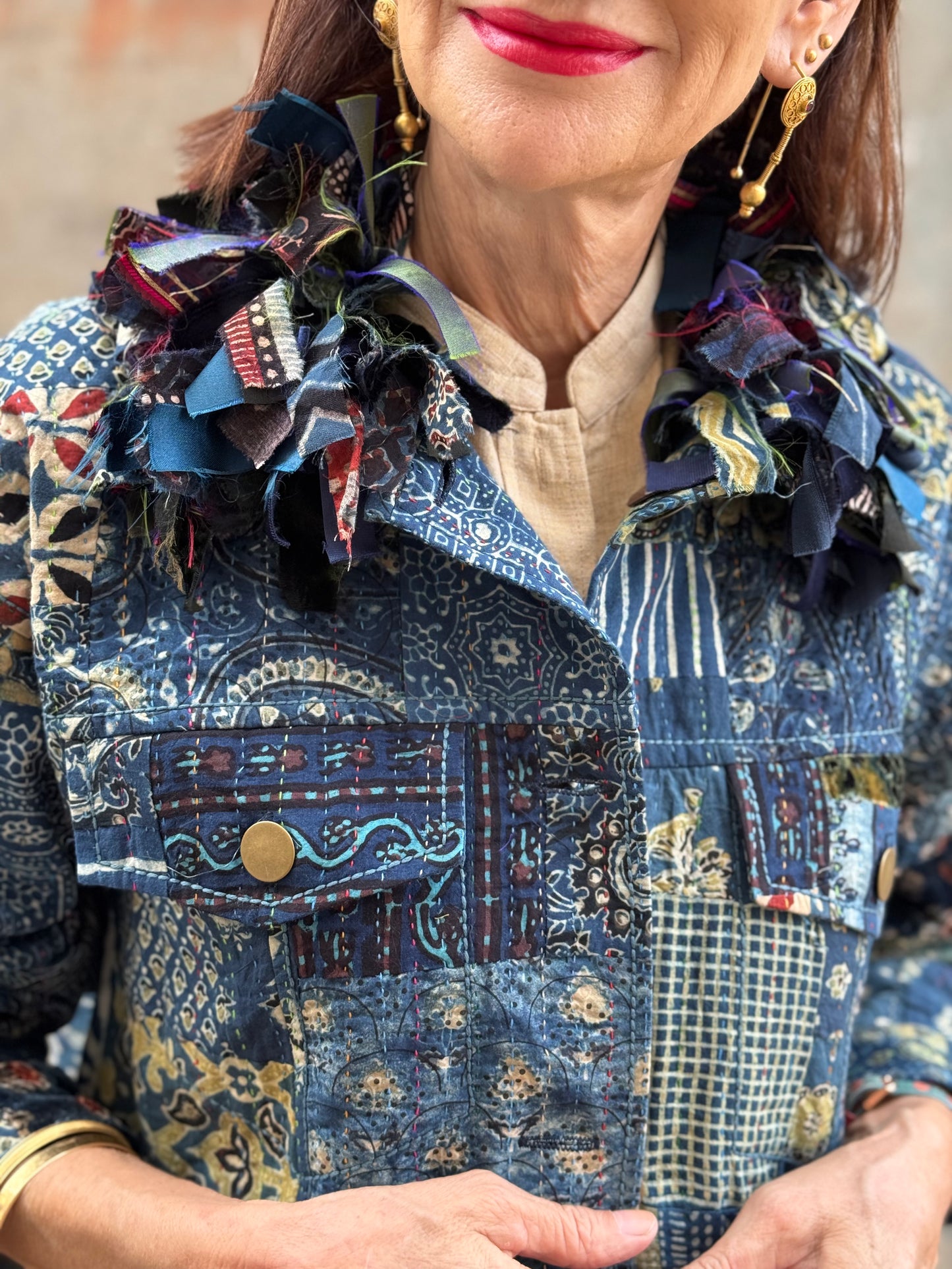 Handcrafted Ajrakh Patchwork Bomber Jacket  Luxe Art Wear Design