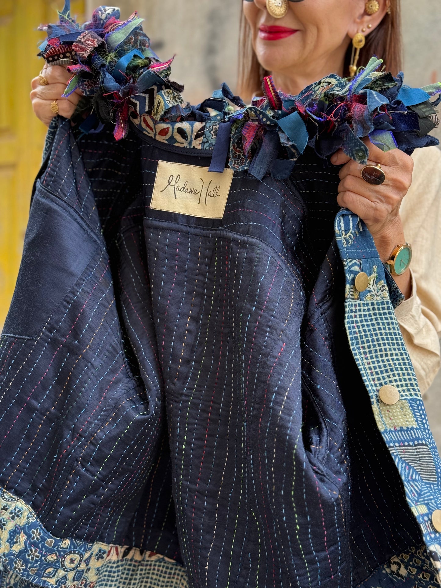 Handcrafted Ajrakh Patchwork Bomber Jacket  Luxe Art Wear Design