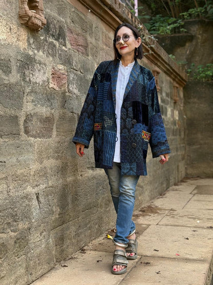 Hand-Quilted Ajrakh Patchwork Jacket with Kutch Embroidered Pockets