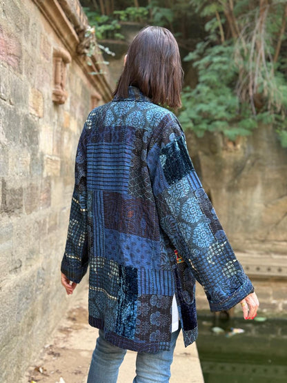 Hand-Quilted Ajrakh Patchwork Jacket with Kutch Embroidered Pockets