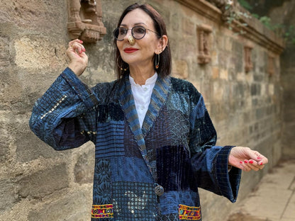 Hand-Quilted Ajrakh Patchwork Jacket with Kutch Embroidered Pockets
