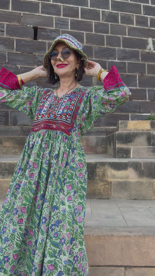 Green Cotton Floral Dress with Indian Shisha Embroidery, Special Occasion Wear