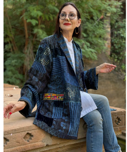 Hand-Quilted Ajrakh Patchwork Jacket with Kutch Embroidered Pockets